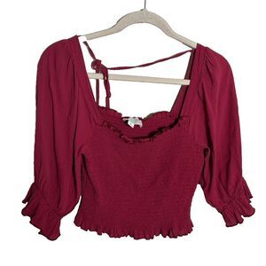 Jun & Ivy Blouse Women's Medium Smocked Cropped Short Sleeve Ruffle Top Shirt